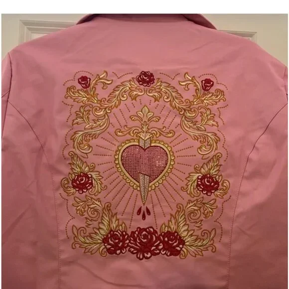 NWOT Sugar Thrillz Faux leather Embroidered Pink moto Jacket - Picture 3 of 4